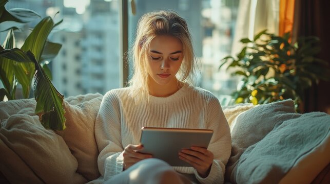 Woman Reading Digital Tablet in Bright Apartment