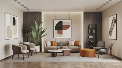 Fototapeta premium An office waiting room interior with modern design elements. There are several chairs and a few potted plants.