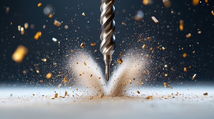 Close-up view of drill bits that have fallen onto a hard surface, creating a noticeable impact and surrounded by a cloud of dust particles. The scene is captured on a white background to highlight