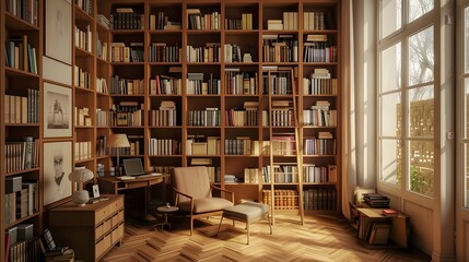 Obraz premium A cozy minimalist study with floortoceiling bookshelves AI generated