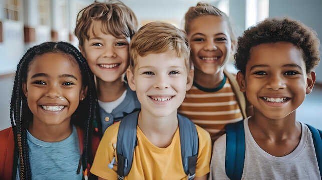 A group of smiling, diverse schoolchildren wearing backpacks, standing together in a bright hallway. Captures the joy and excitement of childhood and friendship in a school setting.