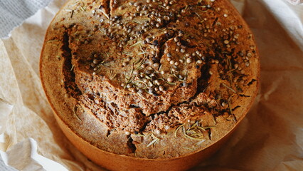 Artisan Rye Bread Topped With Seeds Close-Up Detail Warm Tones