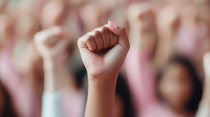 A powerful image showing several raised fists in an act of solidarity, with a blurred background. The image captures a collective sense of unity and strength, emphasizing social justice and empowerme