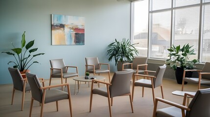 Obraz premium An empty modern meeting room with a few chairs and a table. The room has a few potted plants and a painting on the wall.The walls are painted in a light blue color.