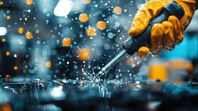 Technician using a screwdriver on a machine while water droplets are splashing around, capturing the action with a clear emphasis on the contrast between the tool and the water
