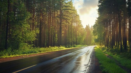 Obraz premium Quiet road after rain in pine forest