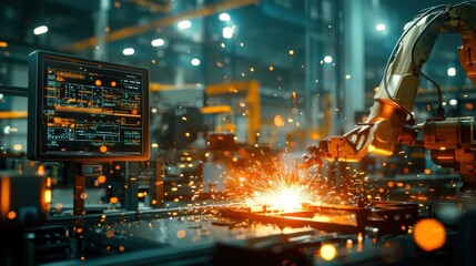 Fototapeta premium Dimly lit factory workshop with a dark atmosphere, where the only illumination comes from the bright sparks of a robotic arm welding metal workpieces. 