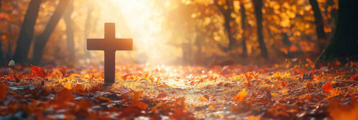 Christian Cross in Autumn Leaves, Symbolizing Spiritual Transition, Reflection, Mortality, Harvest, Faith Journey
