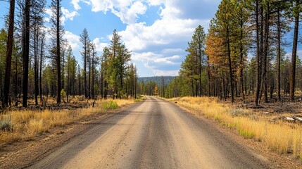 Obraz premium Road through a fire-scorched pine forest