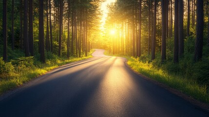 Fototapeta premium Road through a pine forest at sunrise