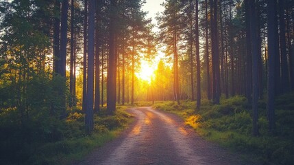 Fototapeta premium Road through a pine forest at sunrise