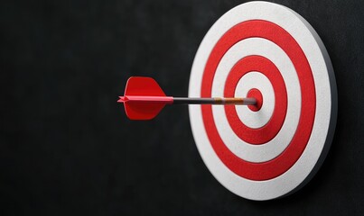 A close-up of a dart firmly embedded in a bullseye target, symbolizing precision and goal achievement in a focused environment.