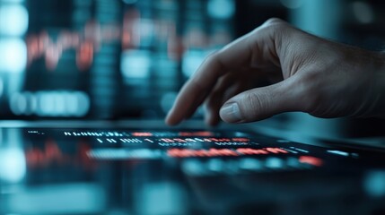 A person's hand engages with a sleek touchscreen interface displaying vibrant data visualizations and graphs, indicating modern technology and data analysis applications.