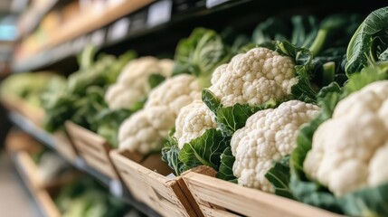 Multiple fresh cauliflower heads are neatly arranged in a basket on a grocery store shelf, ready for sale, displaying their vibrant green leaves and white florets.
