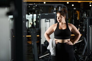 A confident young woman in active wear exercises in a gym, celebrating her strength and body positivity.
