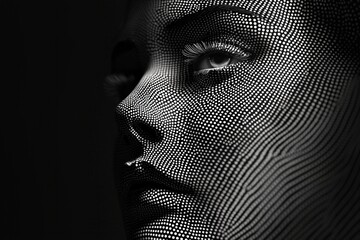 Minimalistic black-and-white portrait of a face, where the facial features are created using dotted patterns. 