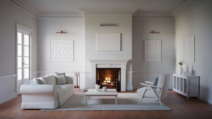 Fototapeta premium An empty classic white interior of a room with a fireplace. The room has high ceilings and is furnished with a white sofa, a white chair and a white coffee table.