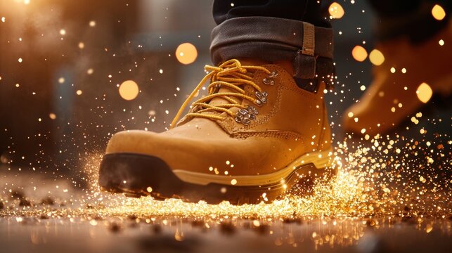 Close-up of a safety shoe with a sprinkling of glittering sparkles descending around it, highlighting the shoe is texture and construction. 