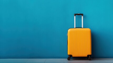 A bright yellow suitcase stands in front of a vibrant blue wall, representing travel readiness and adventure. The simple composition emphasizes the contrast and excitement.