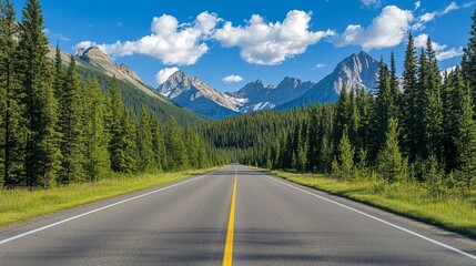Road with pine trees and mountains in the background