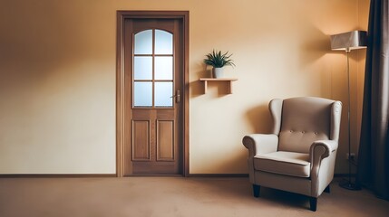An interior with a door and an armchair. The room has a wooden door with a window at eye level. There is a beige armchair against the wall next to the door.