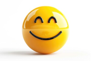 Bright yellow smiling face emoji icon with realistic texture depth isolated on a white background