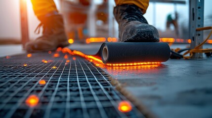 A close-up of a heating mat being rolled out onto the floor during the installation of an underfloor heating system. The image shows the precision of the installation with clear focus on the heating