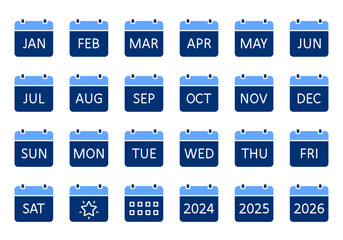 Vector icons calendar. Blue symbols months of the year, days of the week and 2024 2025 2026 year. Schedule with exact date, work and vacation planning. Editable stroke solid set.