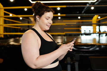 Fototapeta premium A plus-size woman enjoys her workout routine, engaging with her phone amidst a lively gym atmosphere.