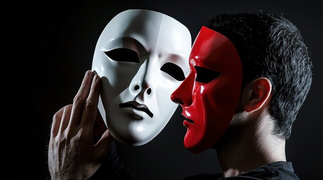 A Man Holding a White Mask in Front of His Face with a Red Mask Covering the Right Side of His Face, Both Masks Against a Dark Background