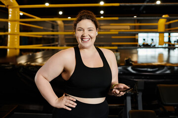 A plus-size woman smiles confidently while exercising in active wear at the gym.