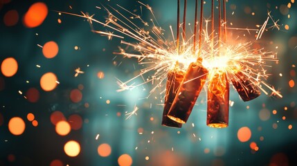 Long Chinese firecrackers suspended in mid-air, exploding in a cascade of red sparks against a dark night sky, captured in high-resolution 4K film style to highlight the intense colors and dynamic