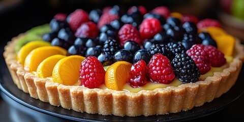 Close-up of a Fruit Tart with Raspberries, Blackberries, and Oranges