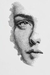 Minimalistic black-and-white portrait of a face, where the facial features are created using dotted patterns. 