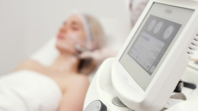 A cosmetologist performs RF lifting for facial rejuvenation and tightening. This non-invasive procedure effectively firms and smooths skin, enhancing your beauty routine.