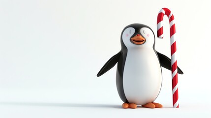 Fototapeta premium A cartoon penguin is standing next to a candy cane on a white background.