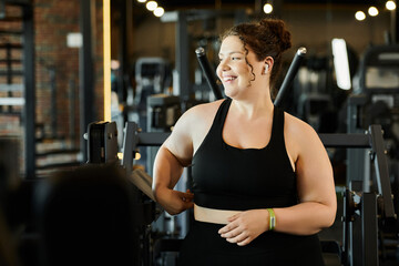 A confident young woman enjoys her workout, radiating positivity in her gym active wear.