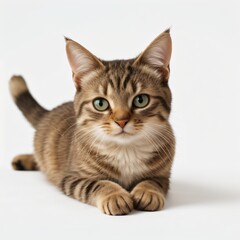Fototapeta premium Adorable Tabby Cat Sitting on White Background