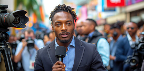 Black journalist in a suit holding a microphone is doing an interview on a crowd of people background