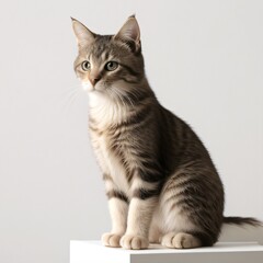 Obraz premium Adorable Tabby Cat Sitting on White Background
