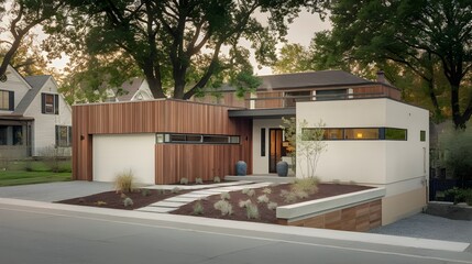 Obraz premium A modern ranch-style minimalist cubic house with a garage and landscaping design in the front yard. Wooden cladding and white walls. The landscaping includes a small garden and a few trees.