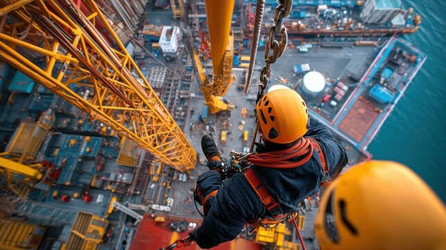 Wide-angle view of a climber scaling a shipyard crane, showcasing the complex pulley system and towering structure, 