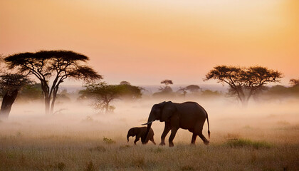 A mother elephant and her calf walk across the savanna
