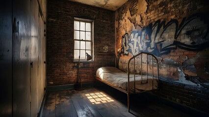 Old room with brick wall, grungy background