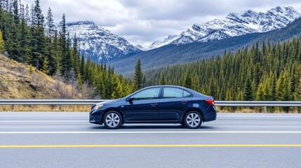 Naklejka premium A black car races along a winding road, framed by majestic snow-covered mountains and lush forests, showcasing speed and motion against a dramatic backdrop