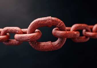 Fototapeta premium Close-up of a red chain link, showcasing its texture and strength against a dark background for a bold visual impact.