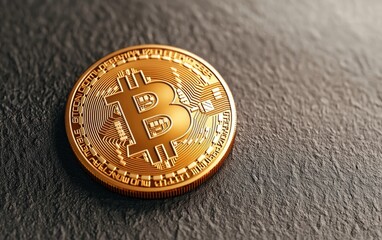 Close-up of a shiny Bitcoin on a textured surface, representing digital currency and the future of finance.