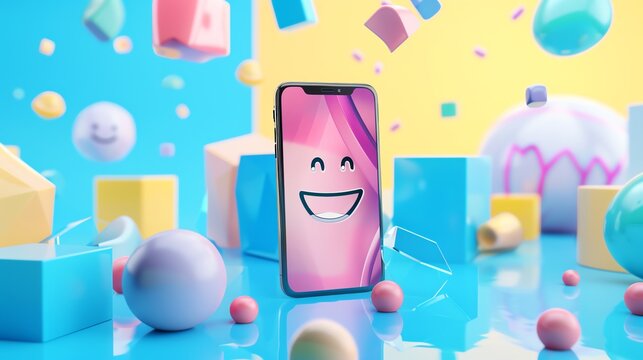 A smartphone with a smiling emoji on the screen, standing upright on a blue surface with colorful geometric shapes around it. - Powered by Adobe