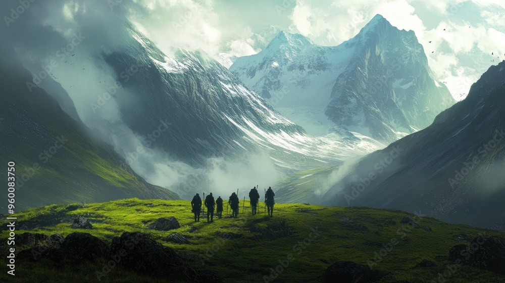 Poster Majestic Mountain Landscape with Hikers