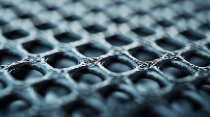 Macro shot of a dark metal mesh showcasing an intricate geometric lattice pattern, focusing on the fine details and texture of the interconnected metal elements.